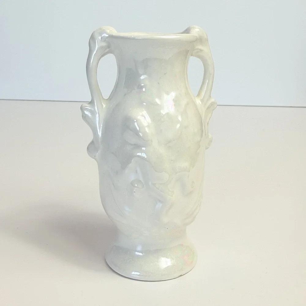Vintage White Lusterware Cherub Mantle Vase Pair Mid Century Cherubs Set 2